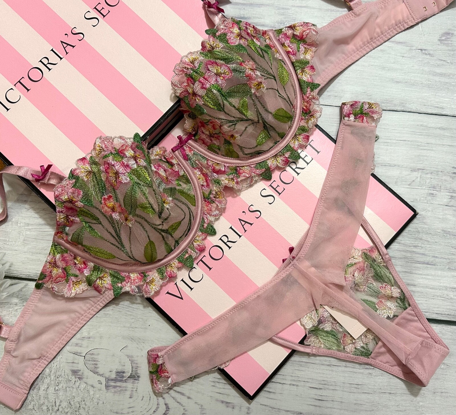 Victoria’s Secret Chalk Rose Embroidery Wicked Unlined Balconette Bra Thong Set