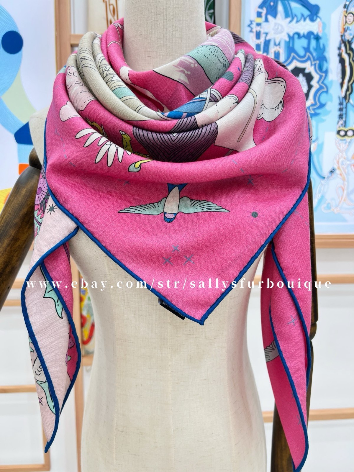 Sallys 70% Cashmere & 30% Silk Wrap Scarf Boat Print Double Face Shawl 53″ Pink
