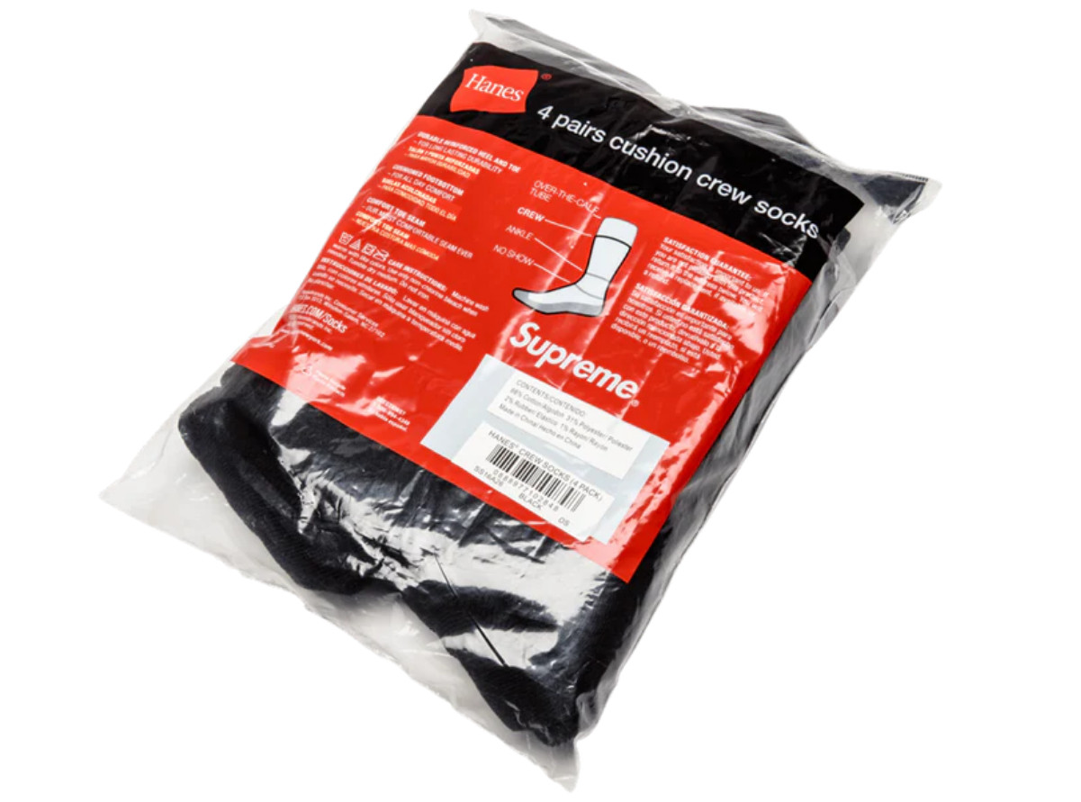 Supreme Hanes Crew Socks – Black 4 Pack, Size 6-12
