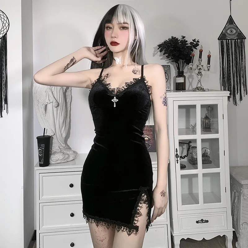 Black Mini Dress Vintage Sexy Spaghetti Strap Slit Dresses Goth Party Club Women