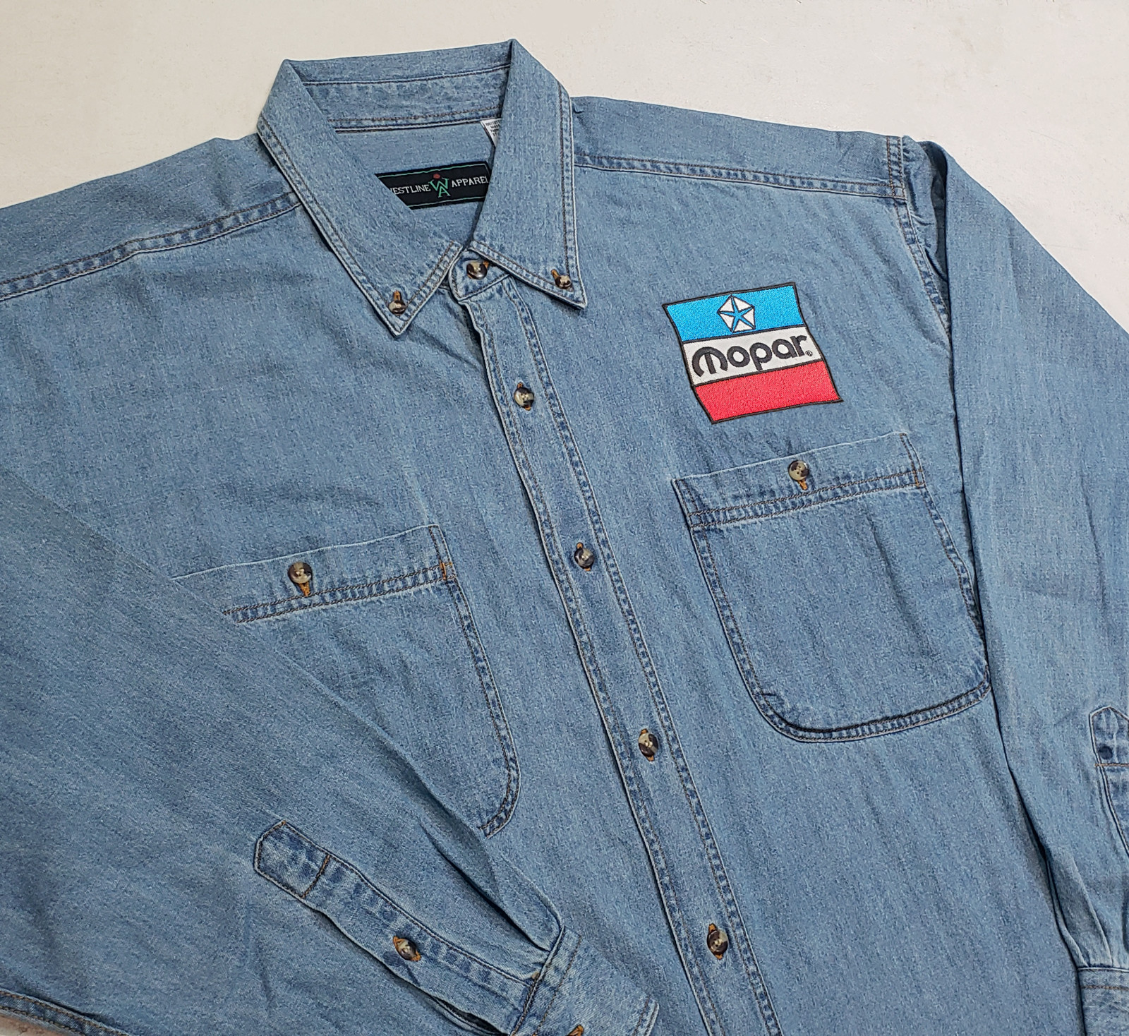Mopar Parts Classic Block Logo – Embroidered 100% Cotton Men’s Denim Work Shirt