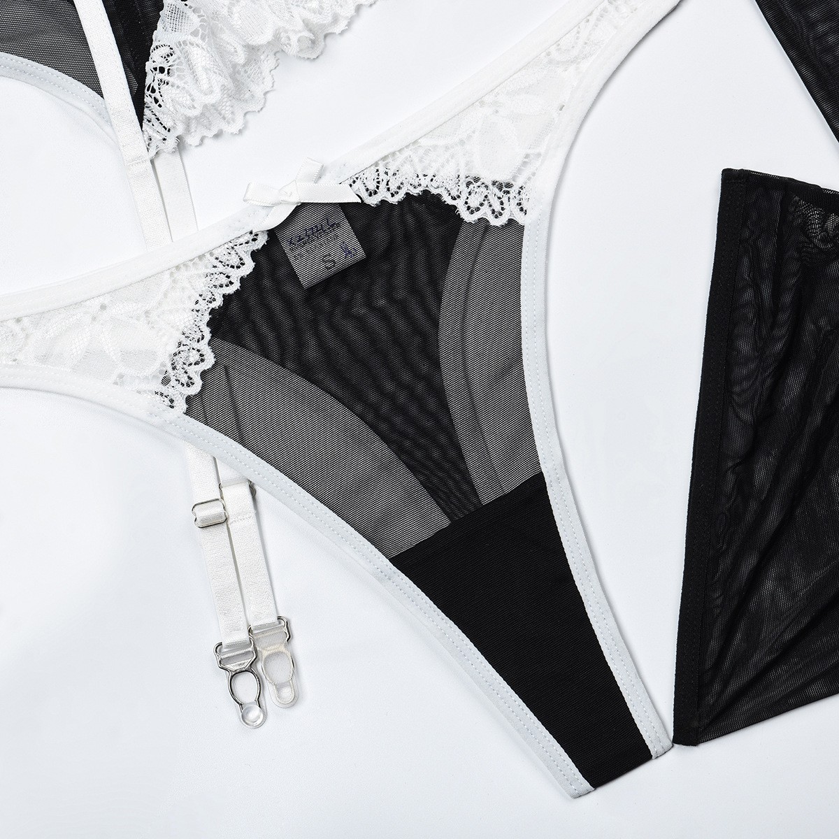 Black & White Sensual Lace Mesh Bra Thongs Garter 5-Piece Lingerie Set