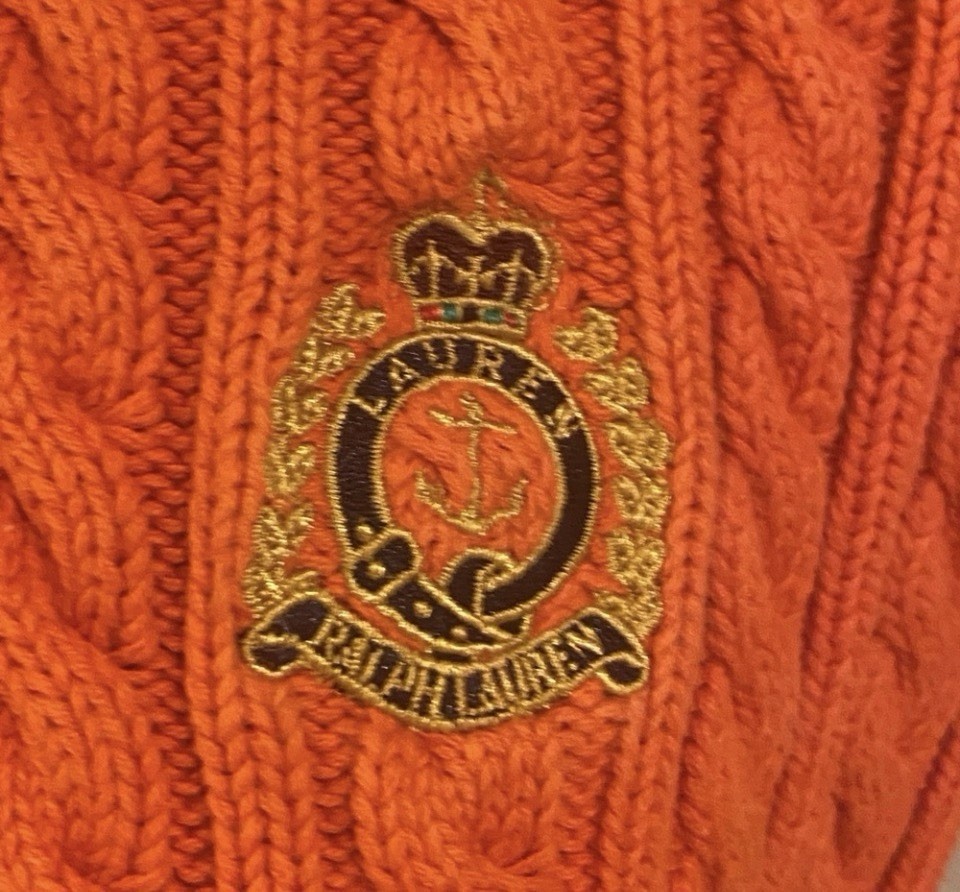 Lauren Ralph Lauren Orange Cable-Knit Crew Neck Pullover Cotton S