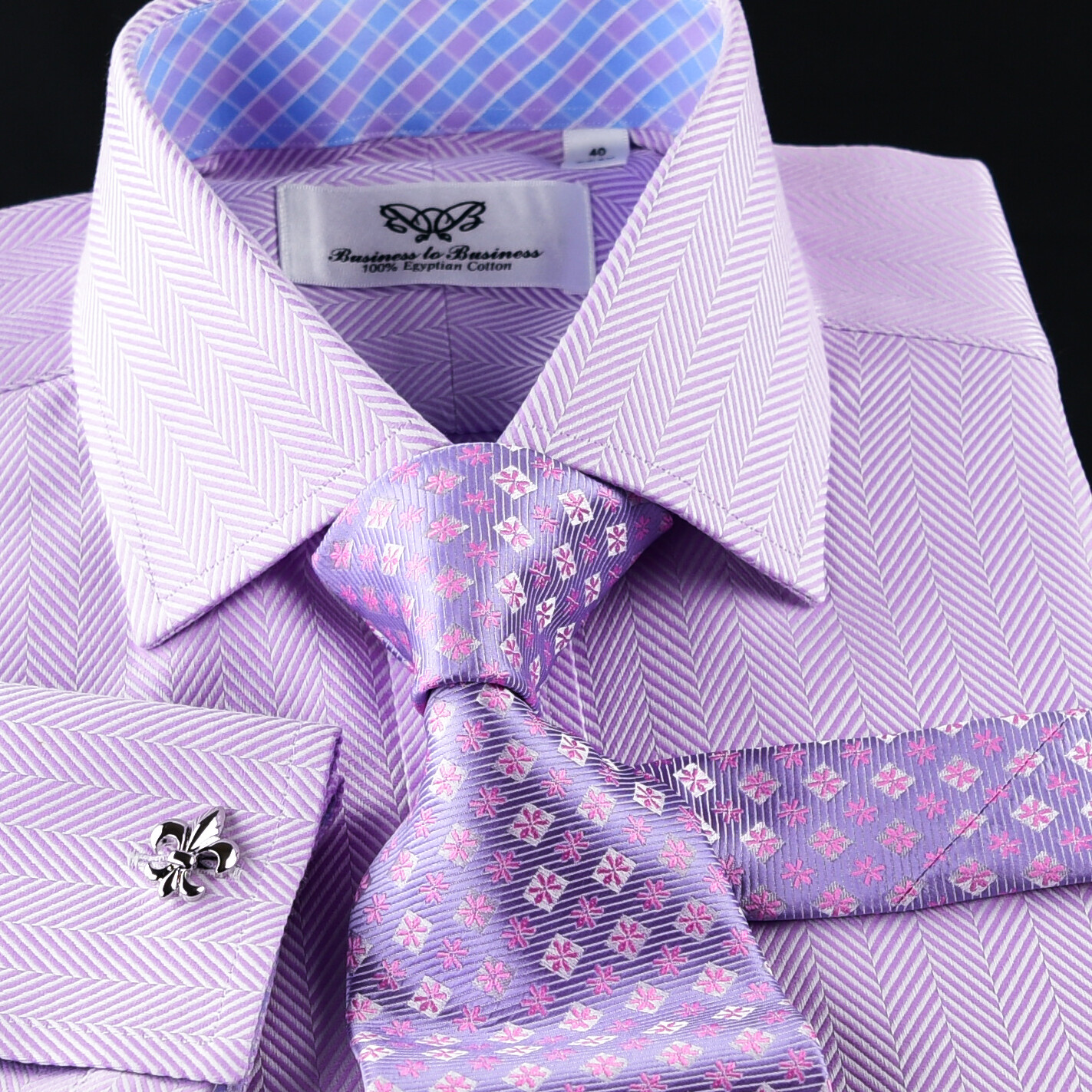 Lilac TOPHerringbone Dress Shirt Luxury With Fancy Boss Inner Lining Double Cuff