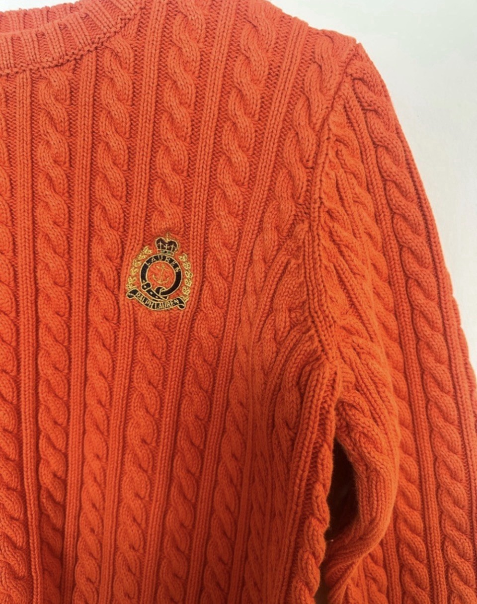 Lauren Ralph Lauren Orange Cable-Knit Crew Neck Pullover Cotton S