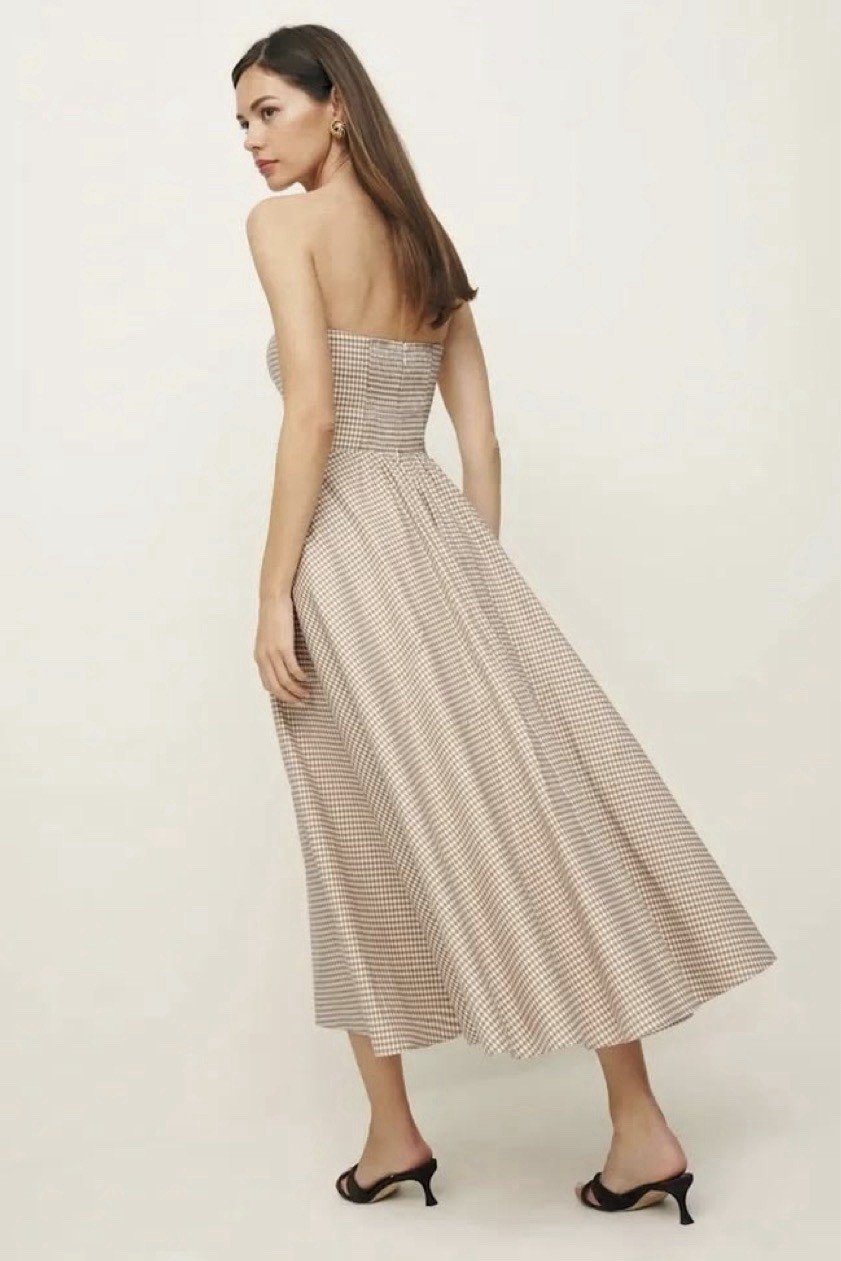 $278 NWT Reformation SZ 10 Strapless Astoria Dress Camel Ivory Anzo Check Tulle