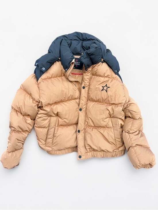 PERFECT MOMENT Moment Tan 2-Tone Quilted Shell Goose Down Ski Jacket Womens Sz L