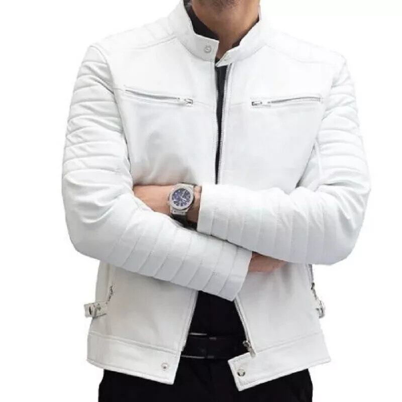 Men White Leather Jacket Authentic Real Lambskin Leather Motorcycle Biker Jacket