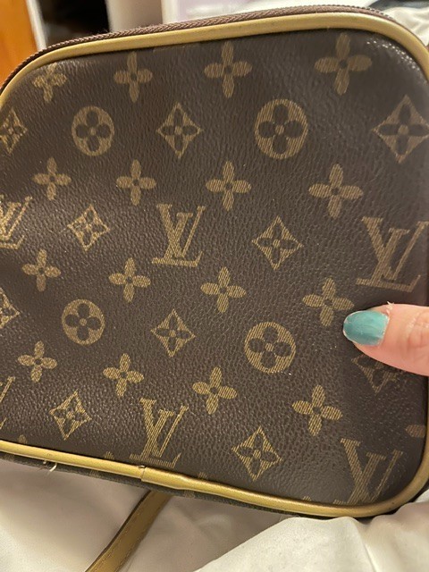 louis vuitton shoulder bag dark brown with beige strap approximately 6 X 8 “