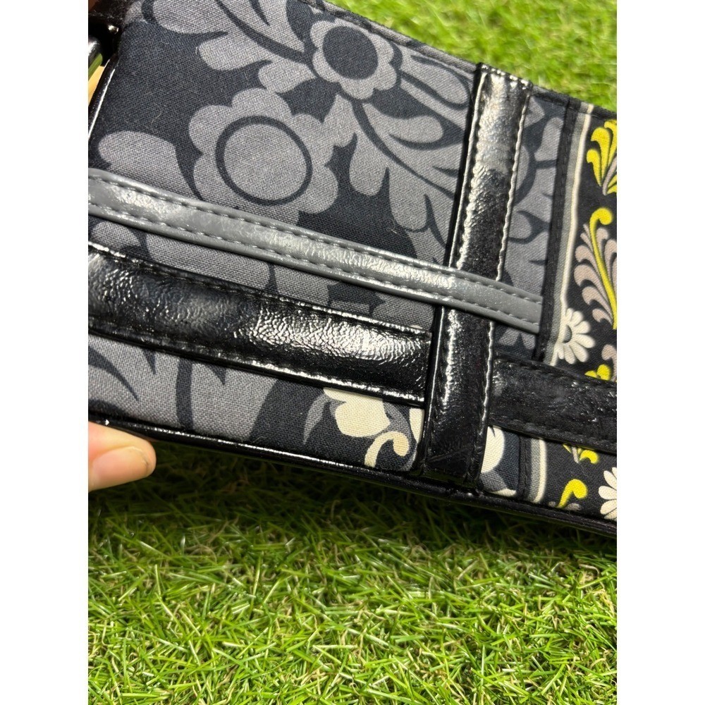 Womens Black Floral Print Wristlet Pouch with Ring Handle and Yellow Accents