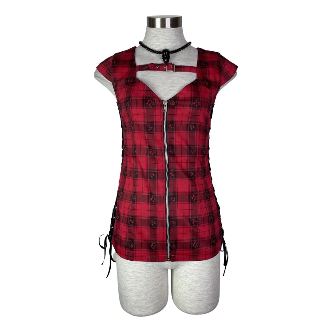 JAWBREAKER PUNK ROCK TATTOO SKULLS RED PLAID ME UP FRONT ZIP TOP SHIRT TPA1743
