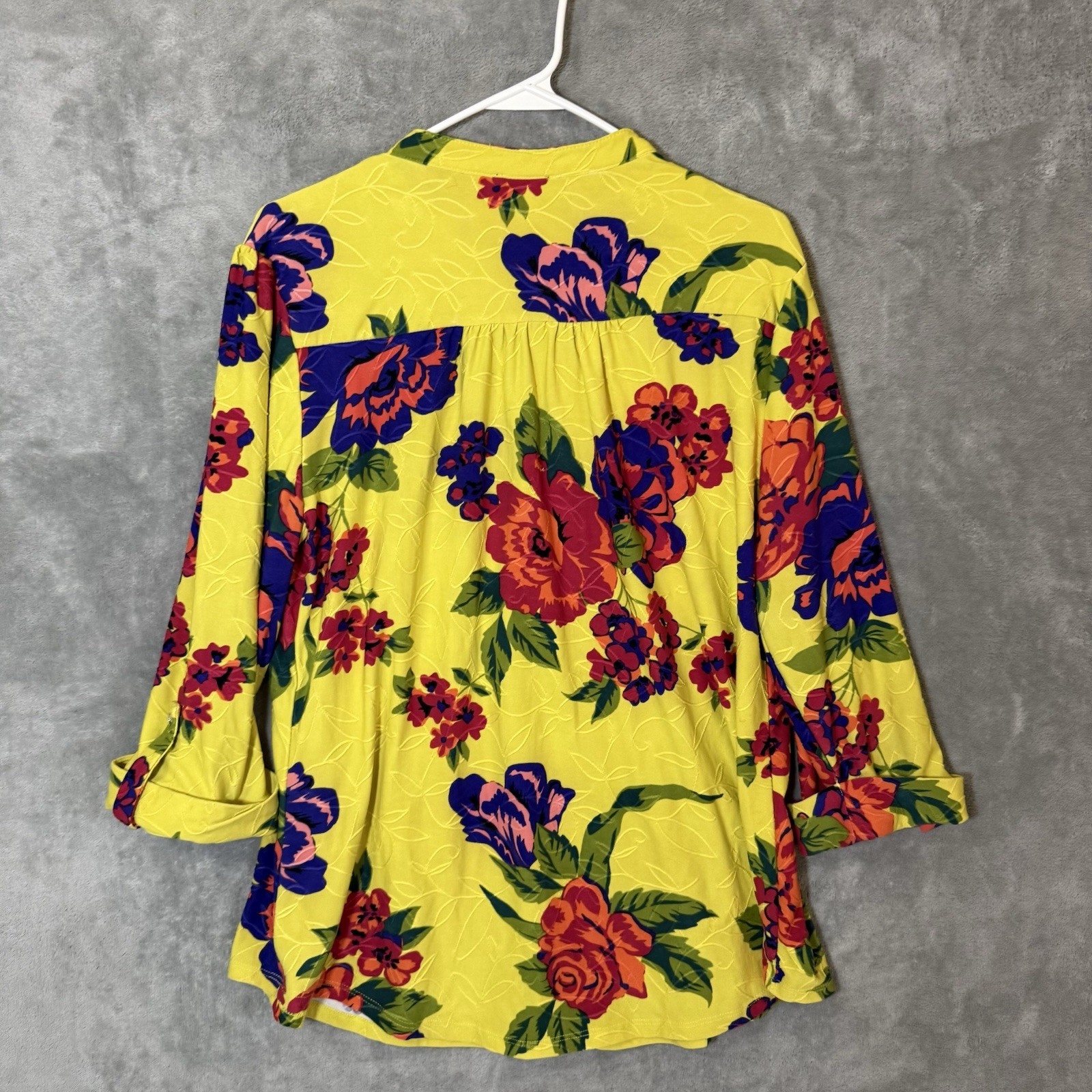 Cocomo Woman Top Large L Yellow Floral Tropical Roll Tab Sleeve Popover Blouse