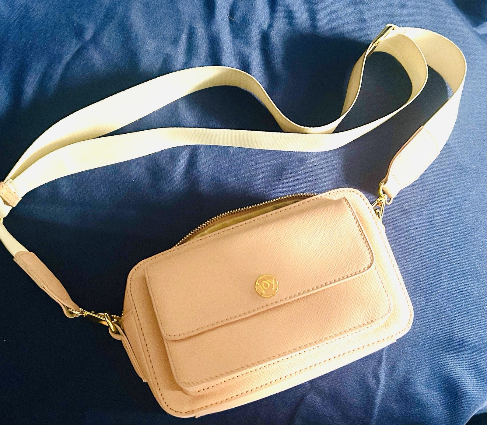 Women’s Beige Small Crossbody Bag Zip, Gold Hardware, Detachable Strap