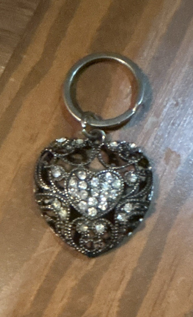 Silver Tone Metal Heart Charm Keyring with Rhinestone Accent, Women’s