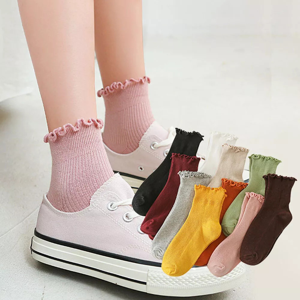 6× Cotton Ruffled Socks Ankle Socks Knitted Soft Ruffled Casual Women’s Sock USA