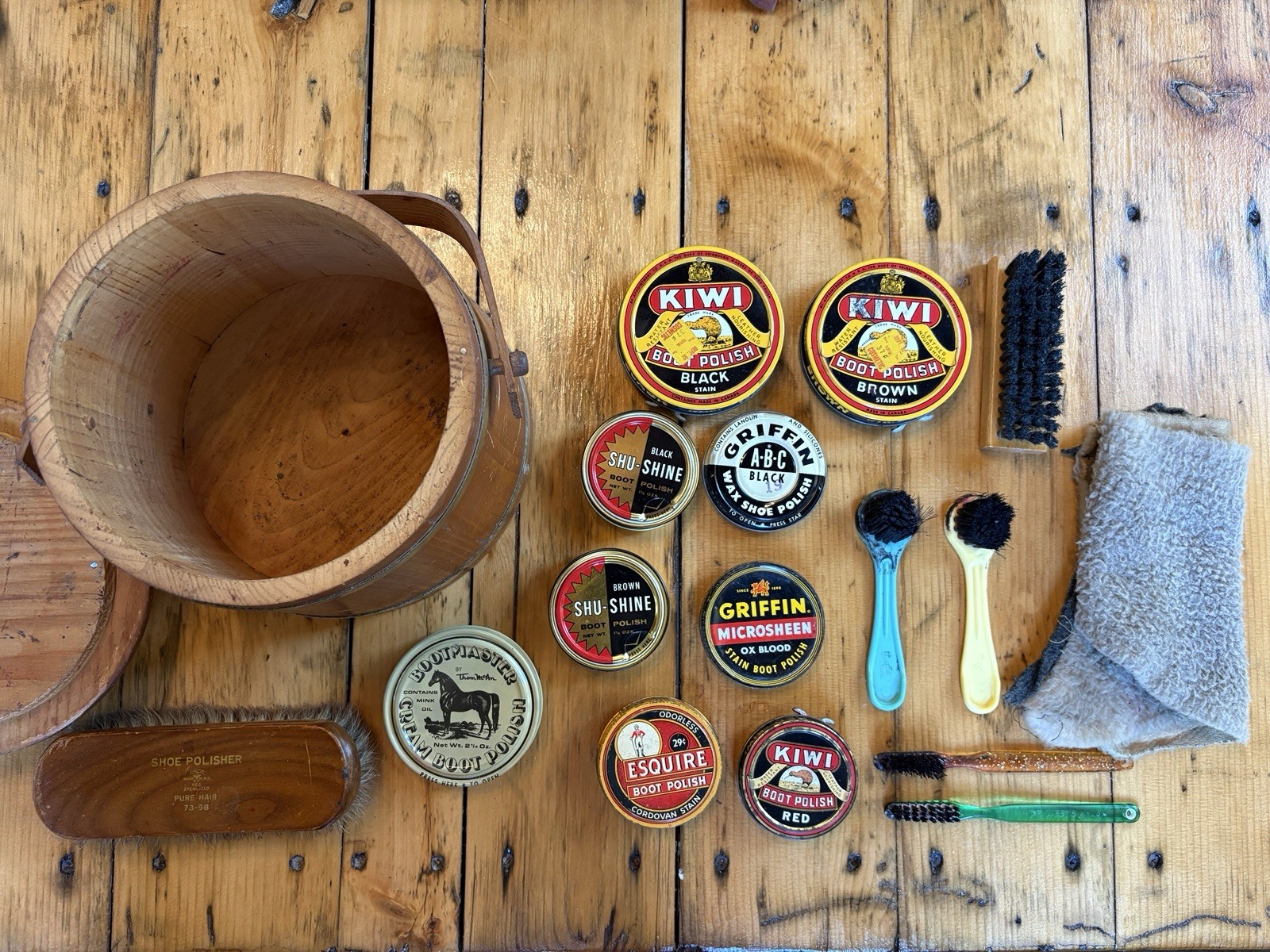 Vintage Wooden Shoe Shine Kit w/ Branded Boot Polish Tins and brushes
