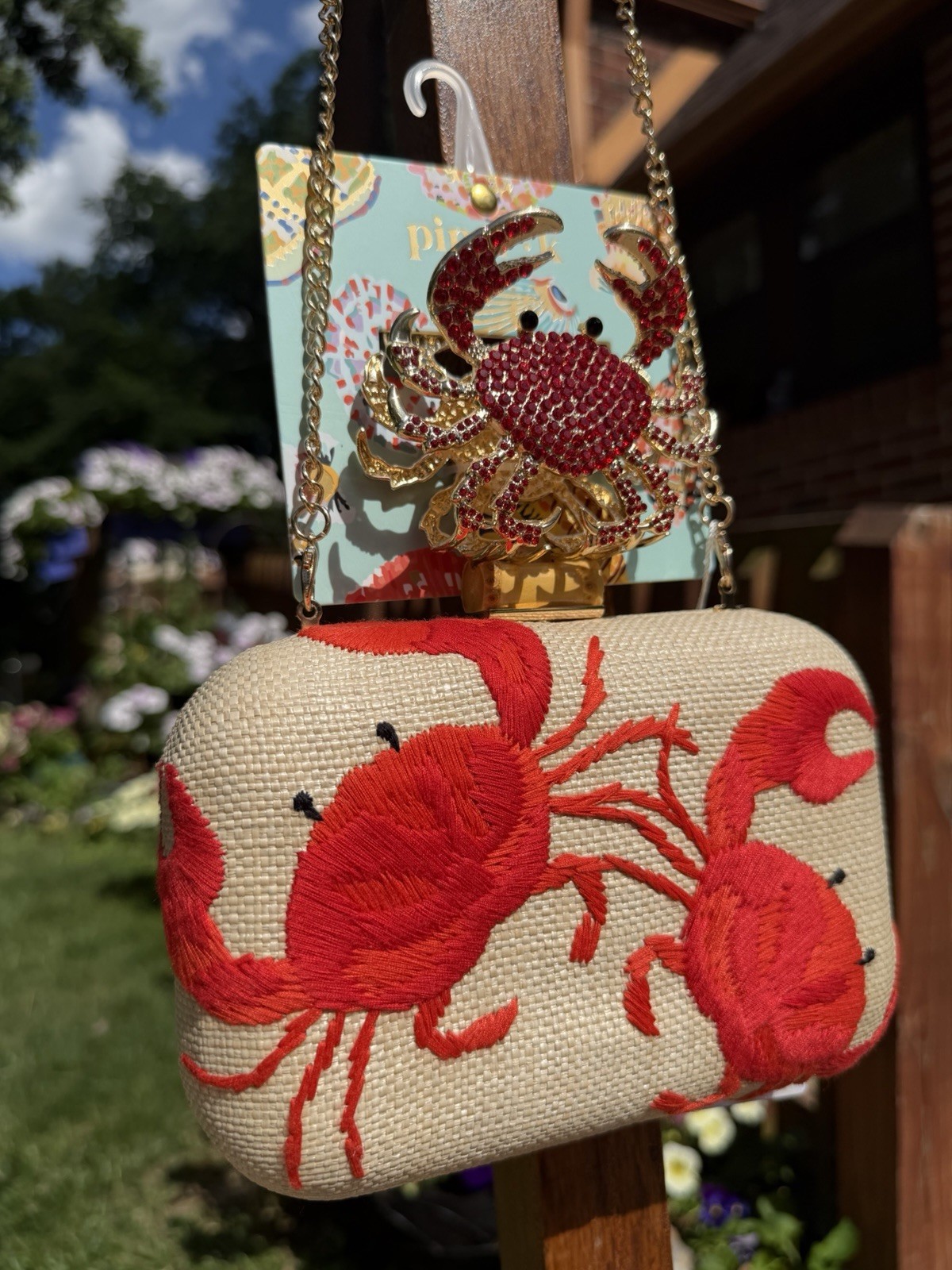 NWT Tommy Bahama Embroidered Crab Clutch Bag Purse w/ Rhinestoned Crab Hair Clip