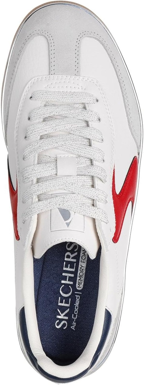 Skechers Womens Hotshots Living Luxe – White Duraleather Leather Navy Red Trim –