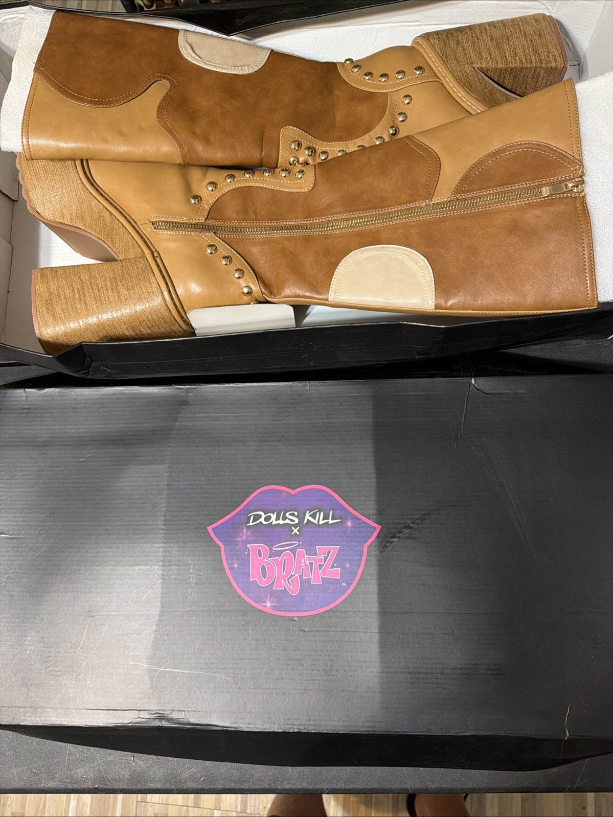 Dolls Kill x Bratz Superstar Status Platform Boots Brown Patchwork Knee High