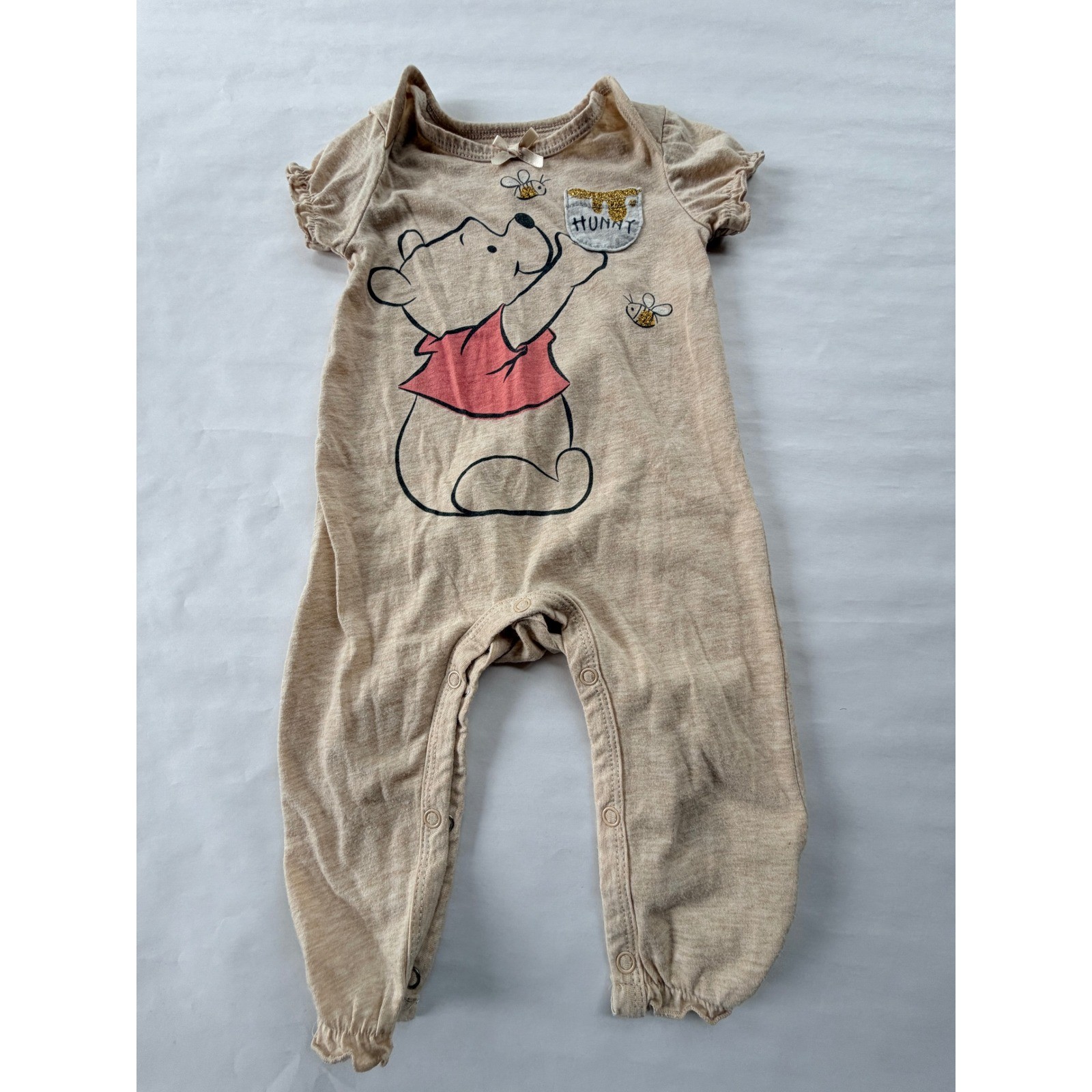Disney Baby Winnie the Pooh Tan Glitter Hunny Pot Romper 6-9M Short Sleeve