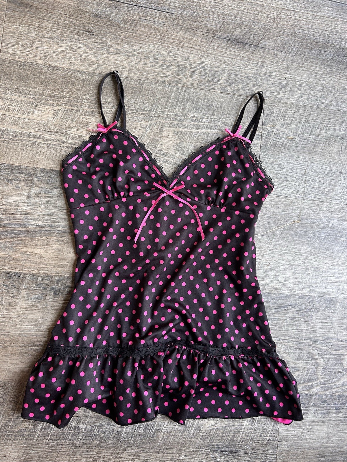 Rare Y2K Vintage Rampage Intimates Pink Polka Dot Lace Trim Cami Top Size Small