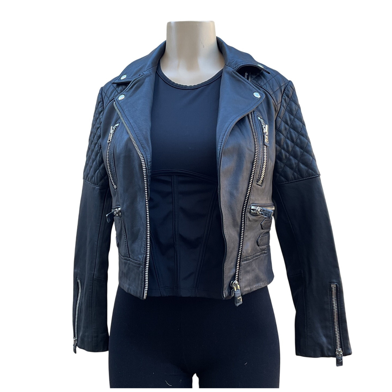 AllSaints Black Leather Moto Biker Jacket NWT Quilted Cropped Women US 2