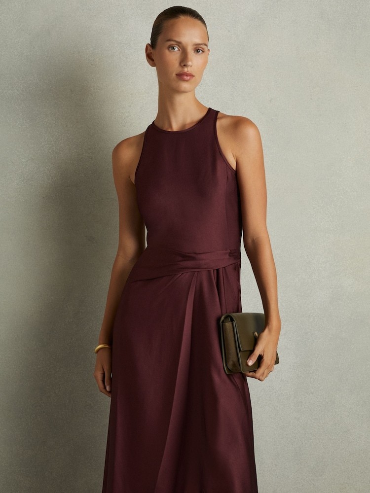 REISS Micah Burgundy Satin Drape Midi Dress in UK Size 14 Wedding Guest Occasion