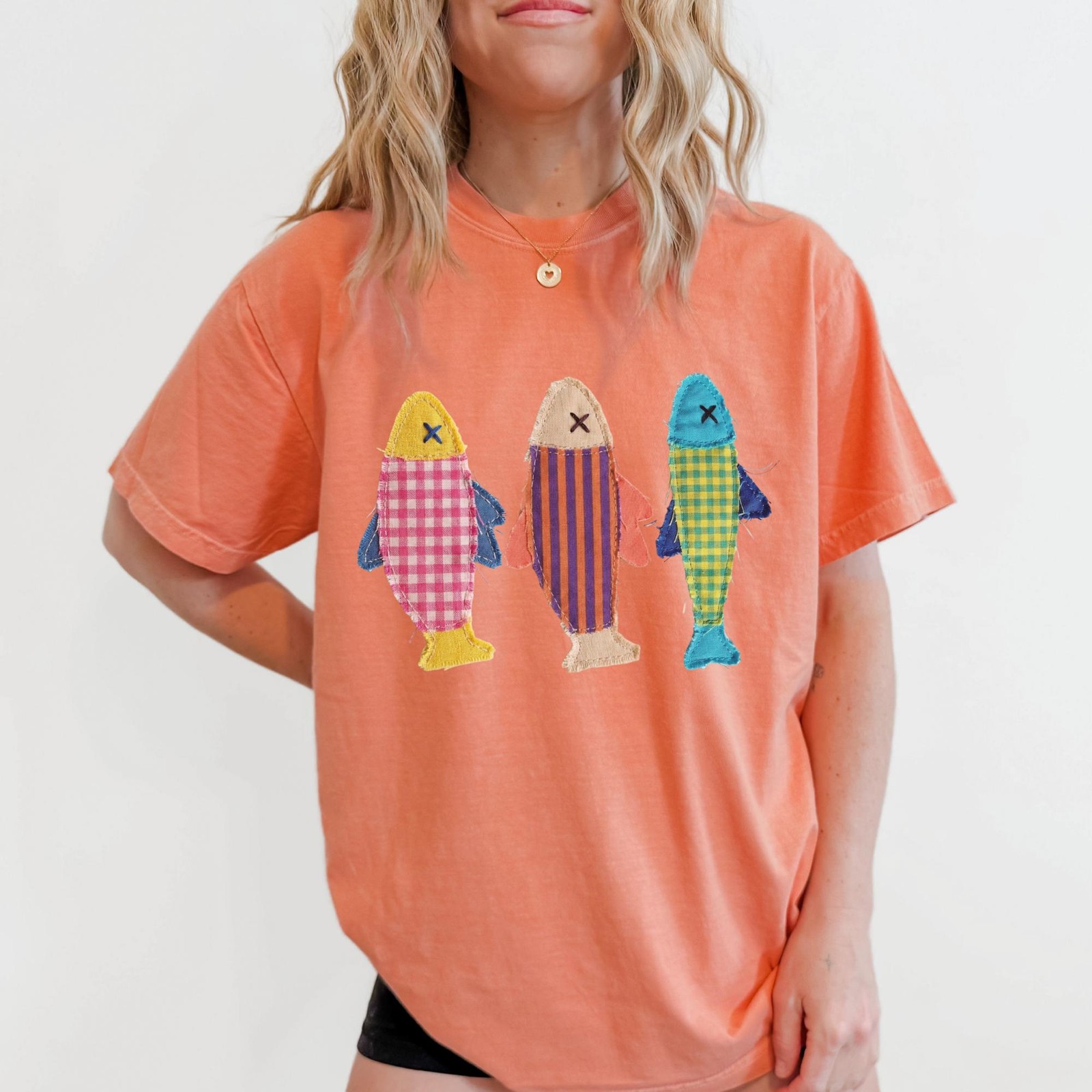 Summer Fish Graphic Tee, Printed Patchwork Sardine Beach Shirt Unisex