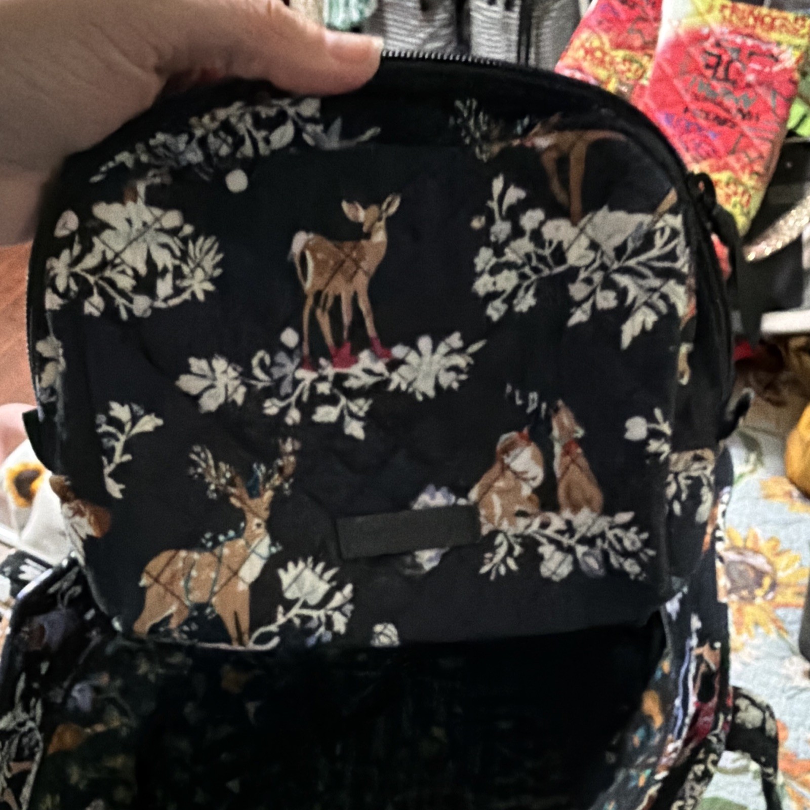 Vera Bradley Black Multicolor Floral Deer Tote Bag Zip Closure Pockets Lined