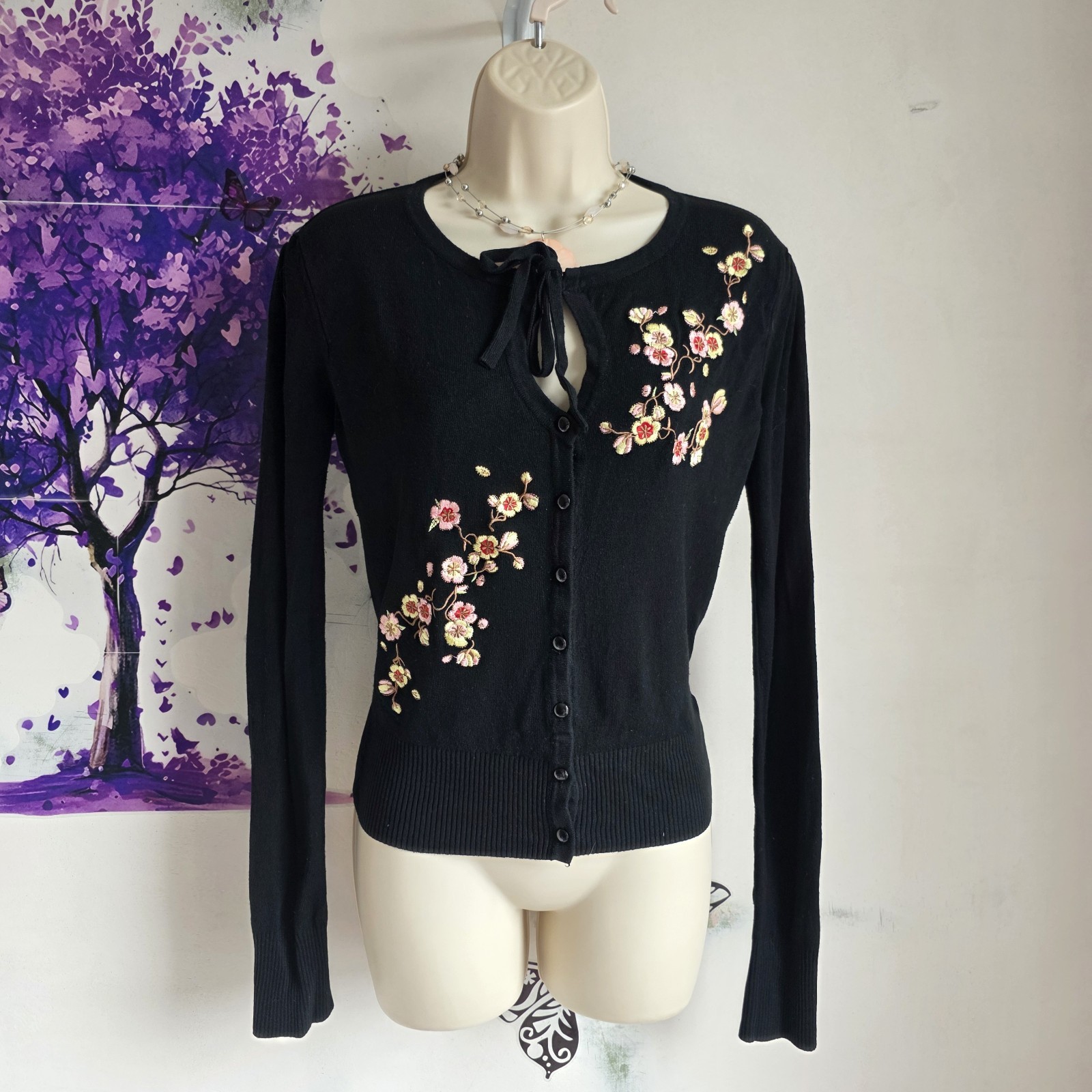Dancing Days by Banned Retro Cardigan Black Embroidered Floral Blossom 12 14