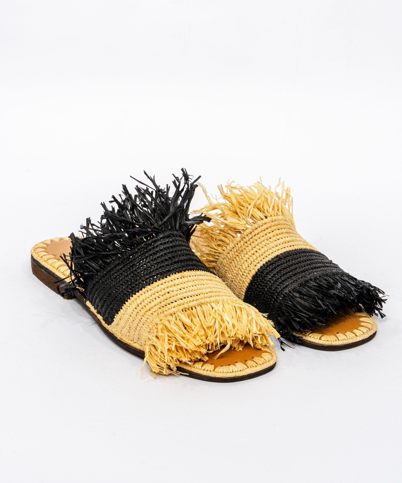 Handmade Moroccan Raffia Slide Sandals Women’s Fringe Natural Black Leather Sole