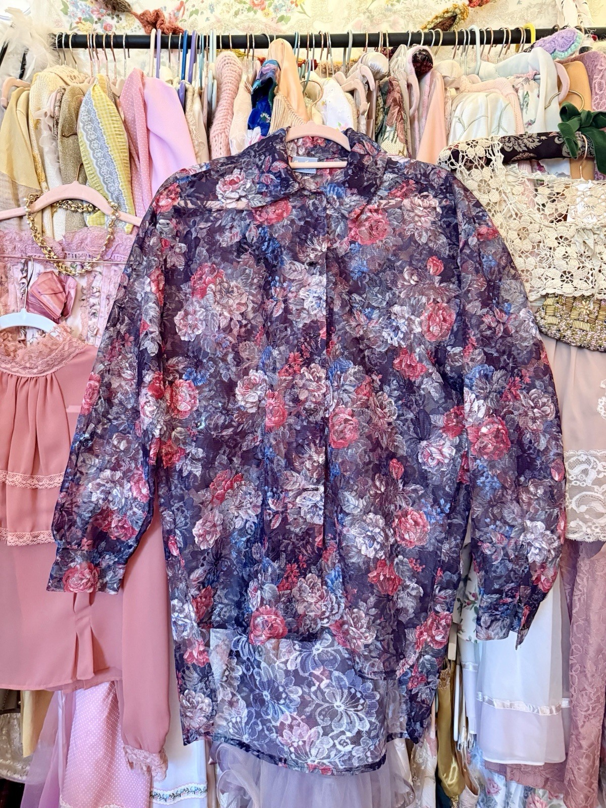 Maya Varma Women’s Multicolor Floral Lace Sheer Button Blouse Long Sleeve M