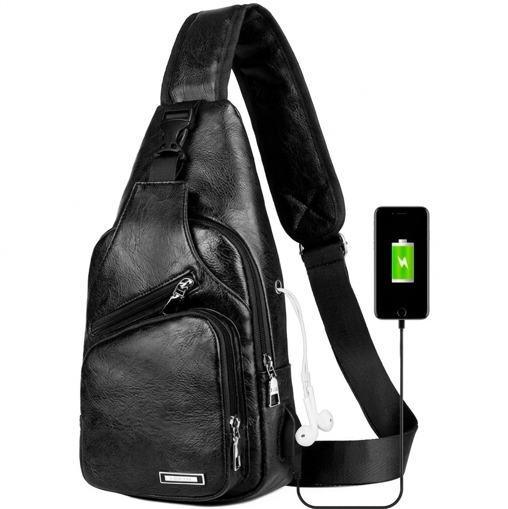 Black Chest Crossbody Bag Sling Backpack for Men with USB Charge Port