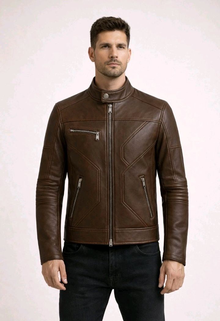 Men’s Brown Leather Jacket Slim Fit Cafe Racer Motorcycle Real Leather Coat