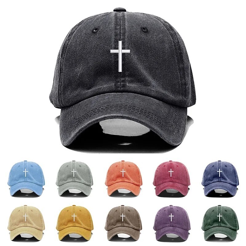 Cross Embroidered Christian Baseball Cap, Washed, Adjustable Hat, Jesus, Church