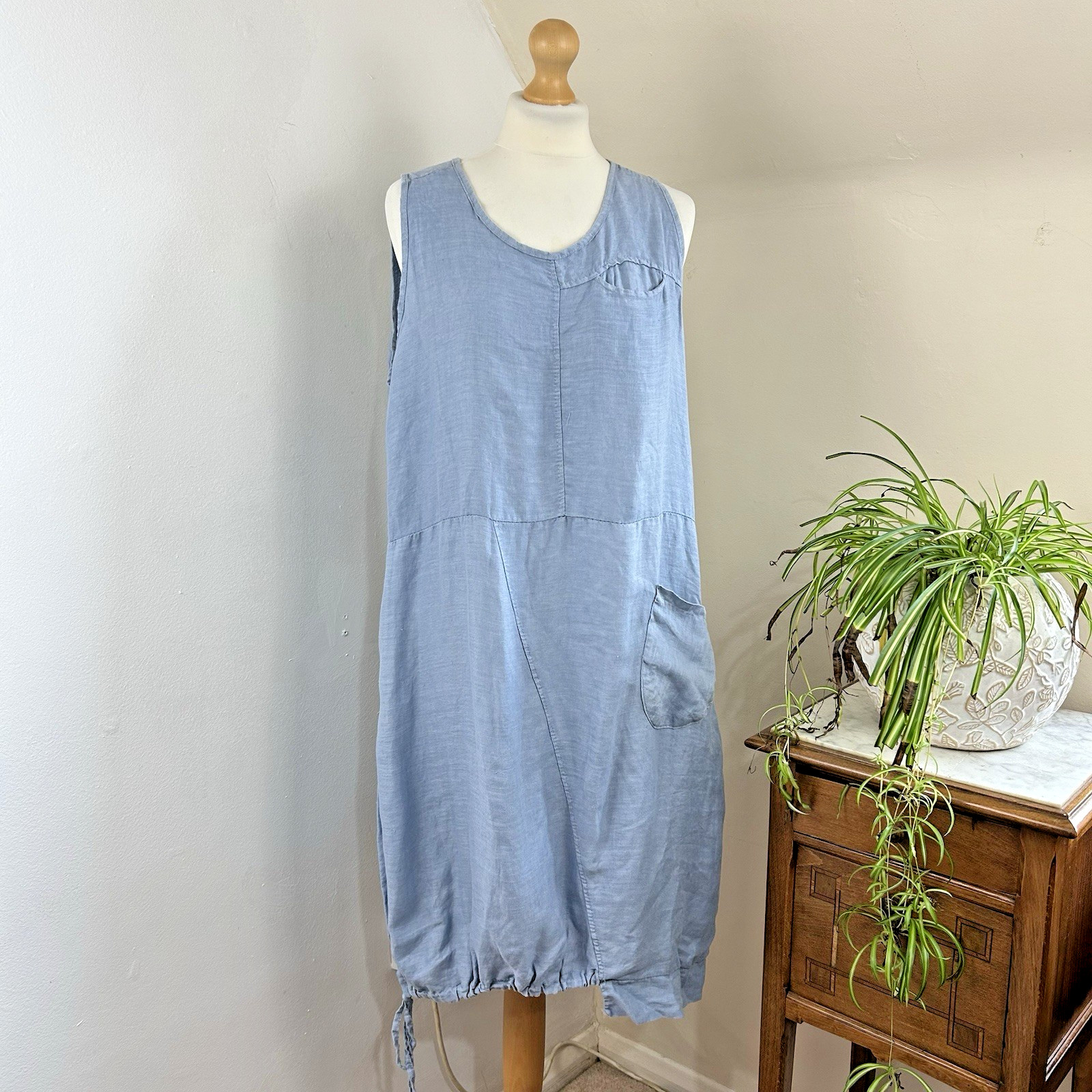 Carina Ricci Linen Dress UK 10 Blue Relaxed Fit Balloon Style Pockets Minimalist