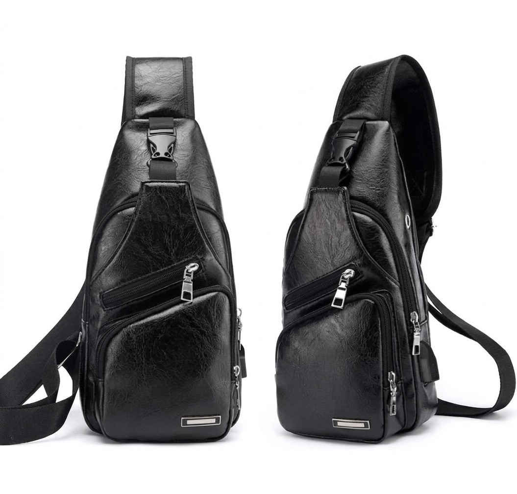 Black Chest Crossbody Bag Sling Backpack for Men with USB Charge Port