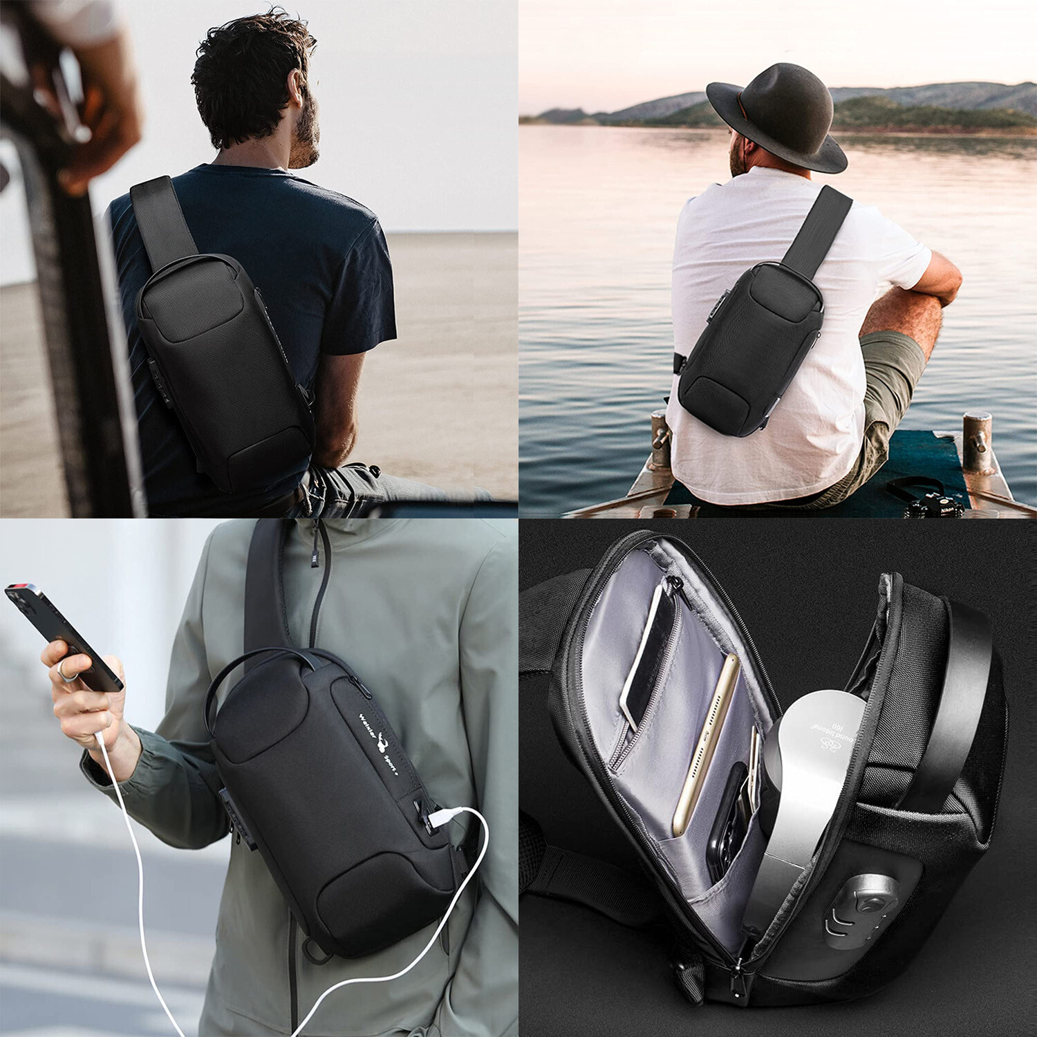 Anti Theft Sling Bag Waterproof Chest Bag Crossbody Backpack w/ USB Charge Port