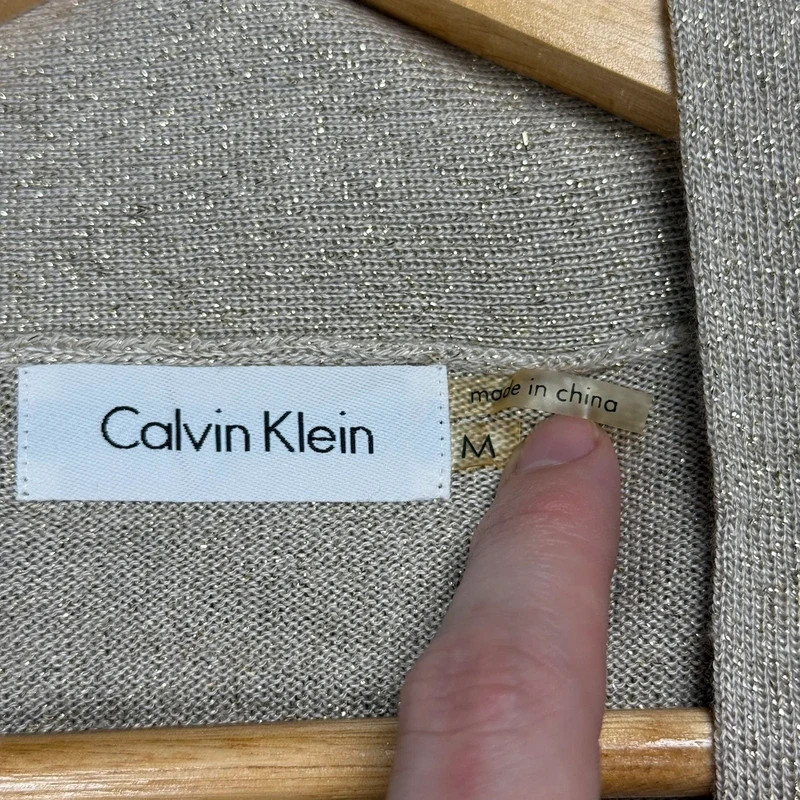 Calvin Klein Metallic Shimmer Open Front Cropped Cardigan Beige Medium M
