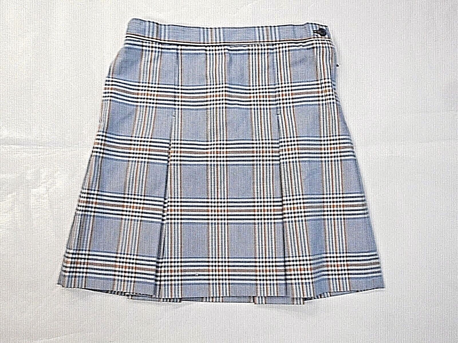 Girls R/K Lt. Blue White & Orange Plaid Box Pleat Uniform Skirt Sz 71/2 – 161/2
