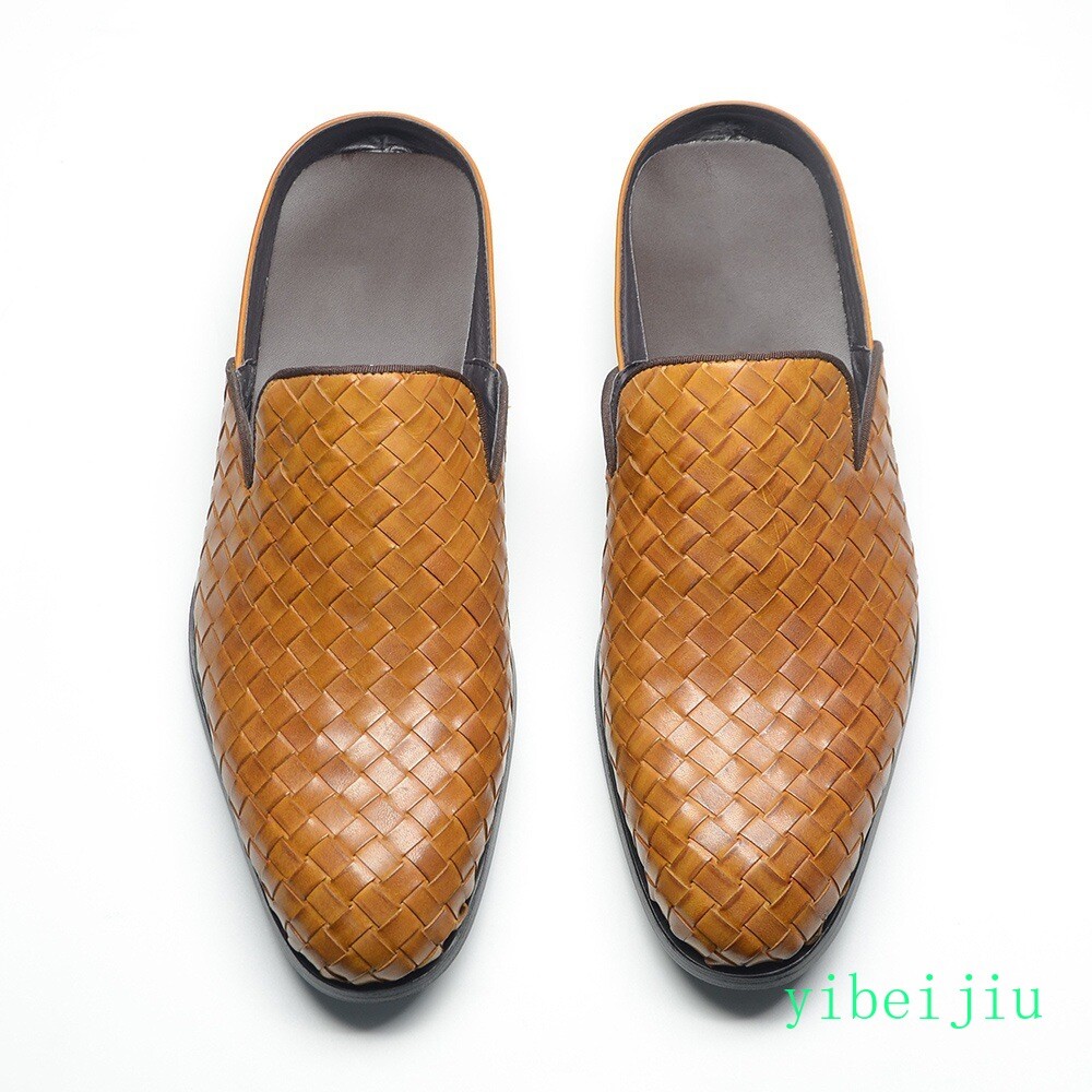 2026 Mens Real Leather Weave Woven Slipper Dress Slide Shoes Slip On Sandals Man