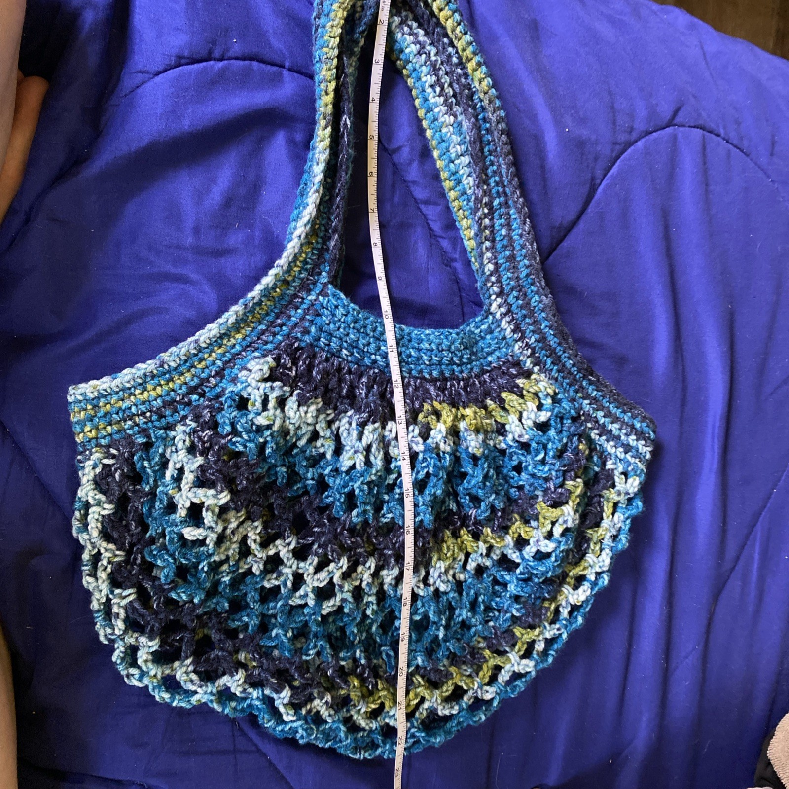 Medium Handmade Crocheted French Mesh Market Bag Blue|Green