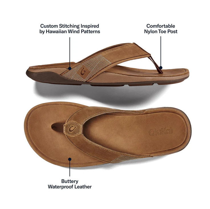 AUTH OluKai Tuahine Men’s Waterproof Leather Sandals Toffee Premium Flip Flops