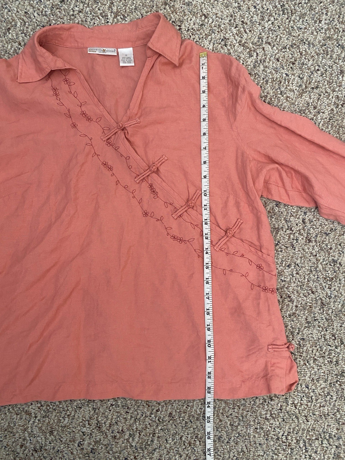 Preswick & Moore Pink Embroidered Linen Rayon Collared 3/4 Sleeve Blouse 1X
