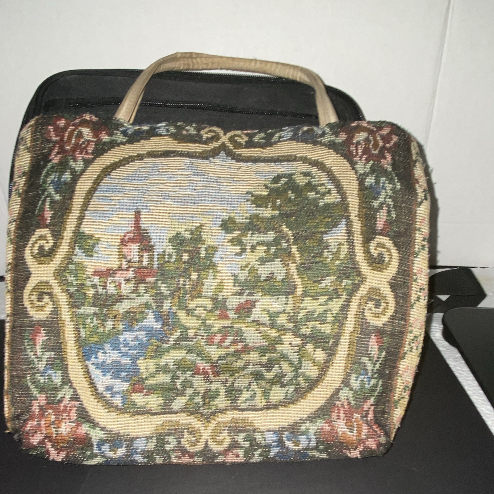 Multicolor Tapestry Woven Top Handle Satchel Handbag Floral Scenic Lined