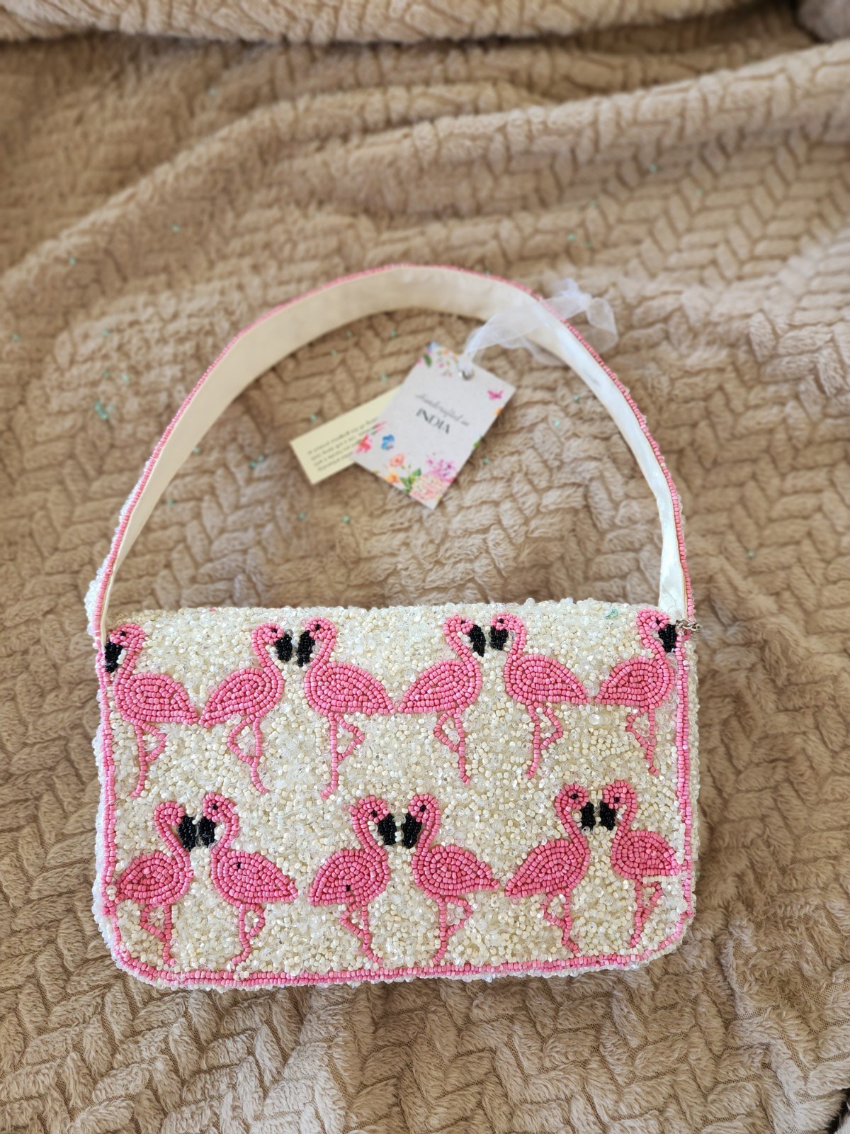 NWT New Release Handcrafted in India Pink Flamingo Beaded Shoulder Bag & charm