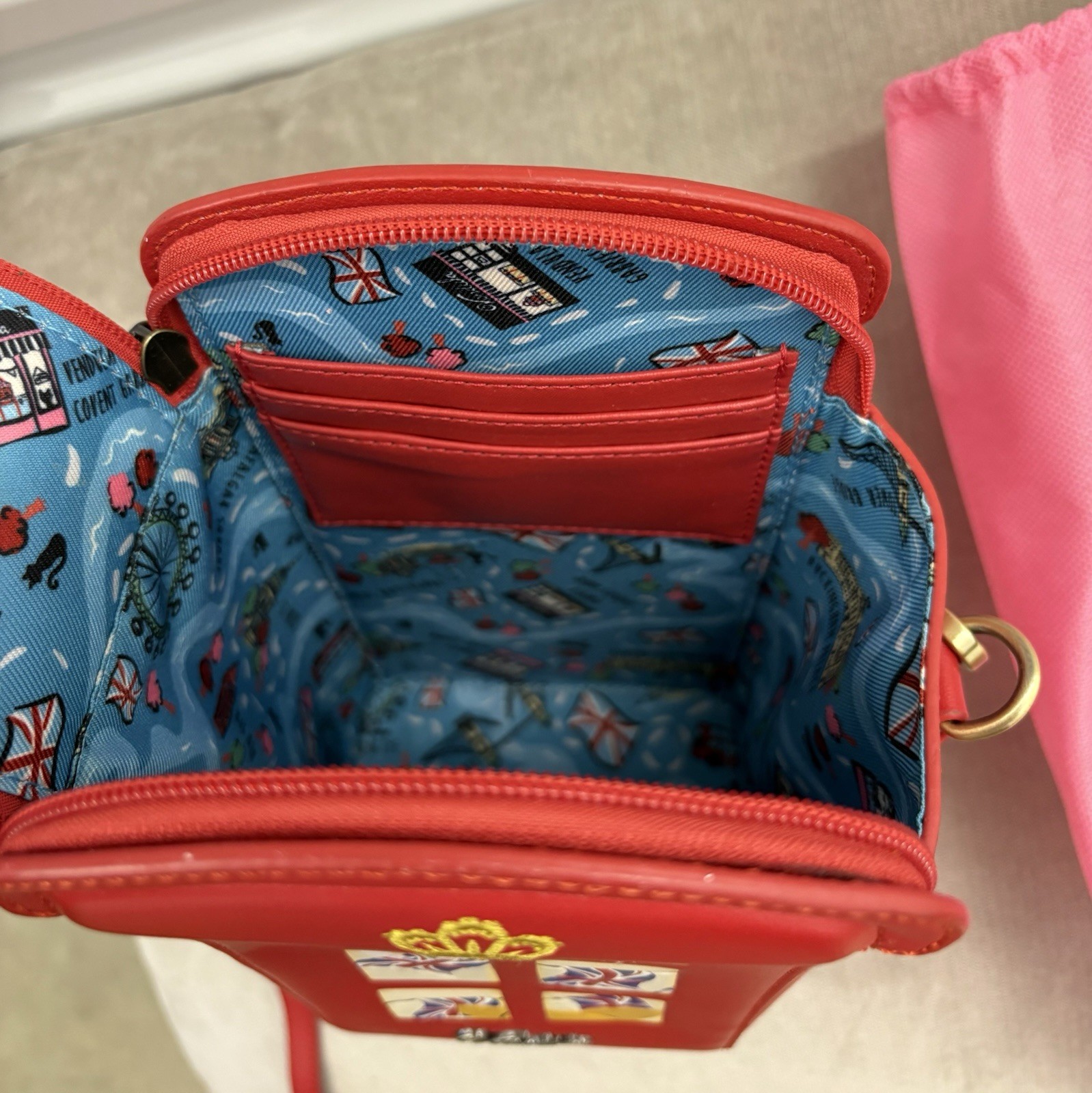 Vendula London Telephone Box Cats & Corgis Red Mini Crossbody Zip, Detach Strap