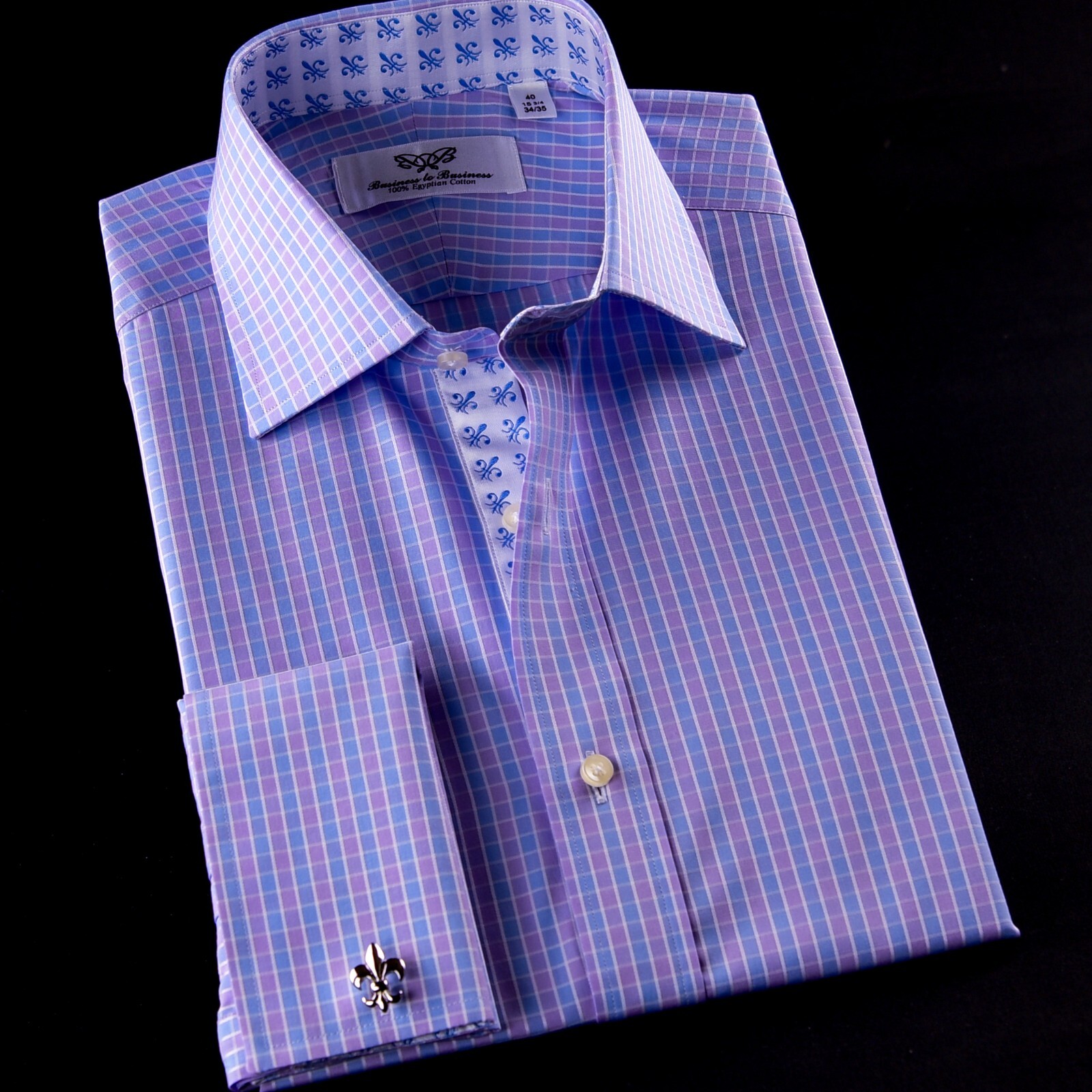 NEW Arrival Purple Blue Check WIth Blue Fleur-De-Lis Dress Shirt French Cuffs