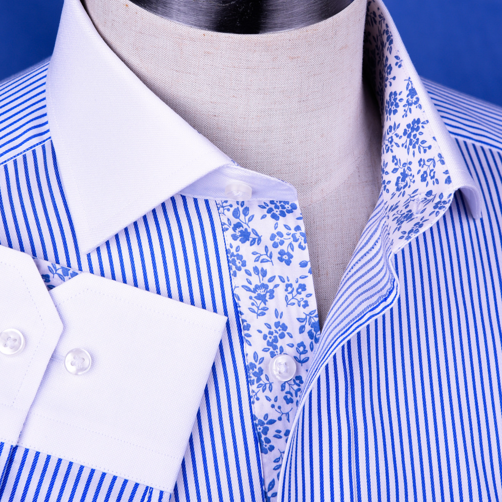 Bright Blue Striped Winchest Contrast Dress Shirt Standard Single Cuff Smart