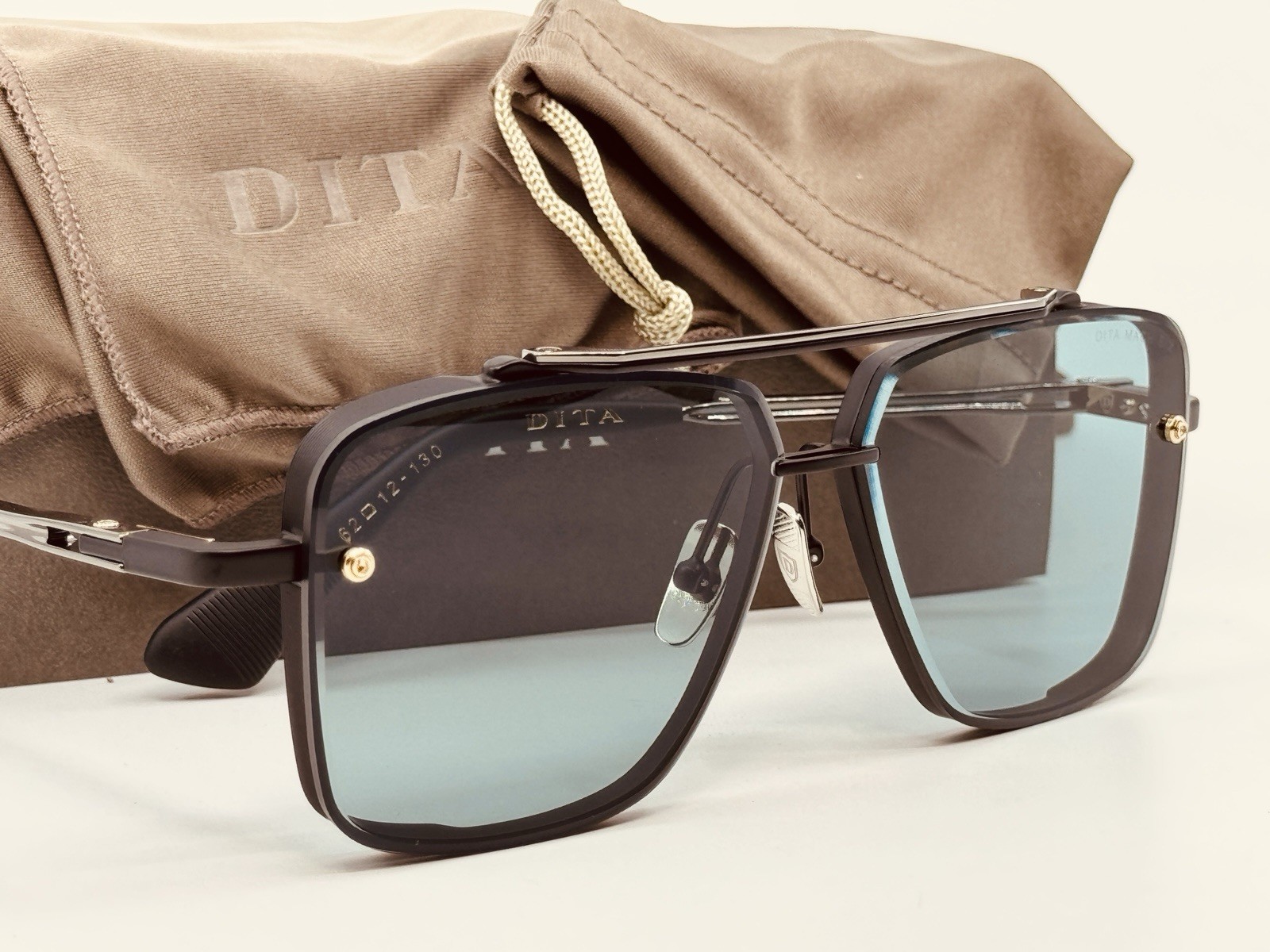 Dita Mach Six DTS121-62 Titanium Black Metal Frame Green Blue Lens Sunglasses